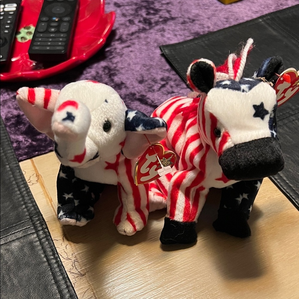 Ty Red, White, and Blue Elephant and Zebra Plush Set, Lefty & Righty